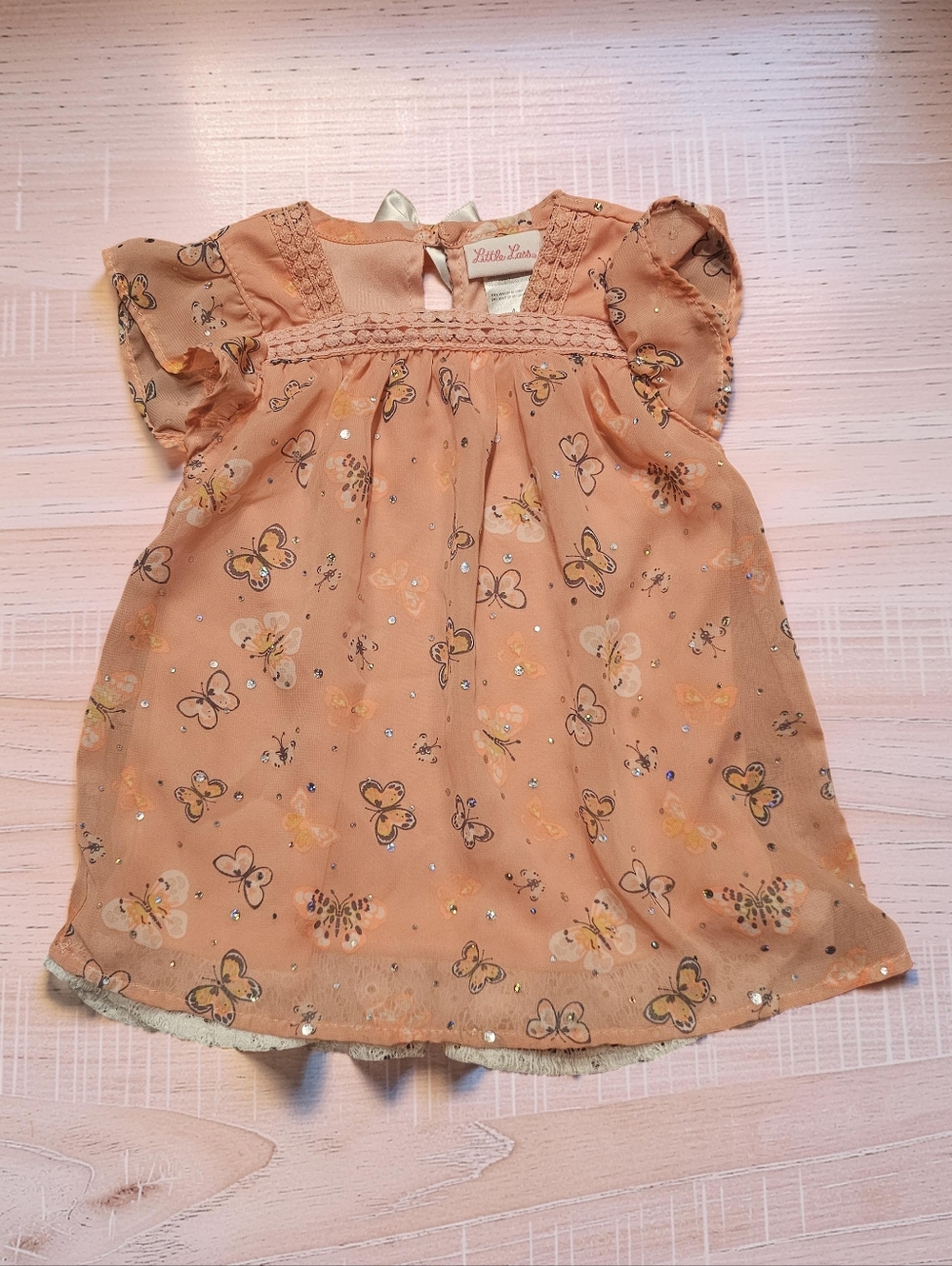 LITTLE LASS Sheer Pink With Light Pink Underneath Butterfly Chiffon Shirt.Size 4